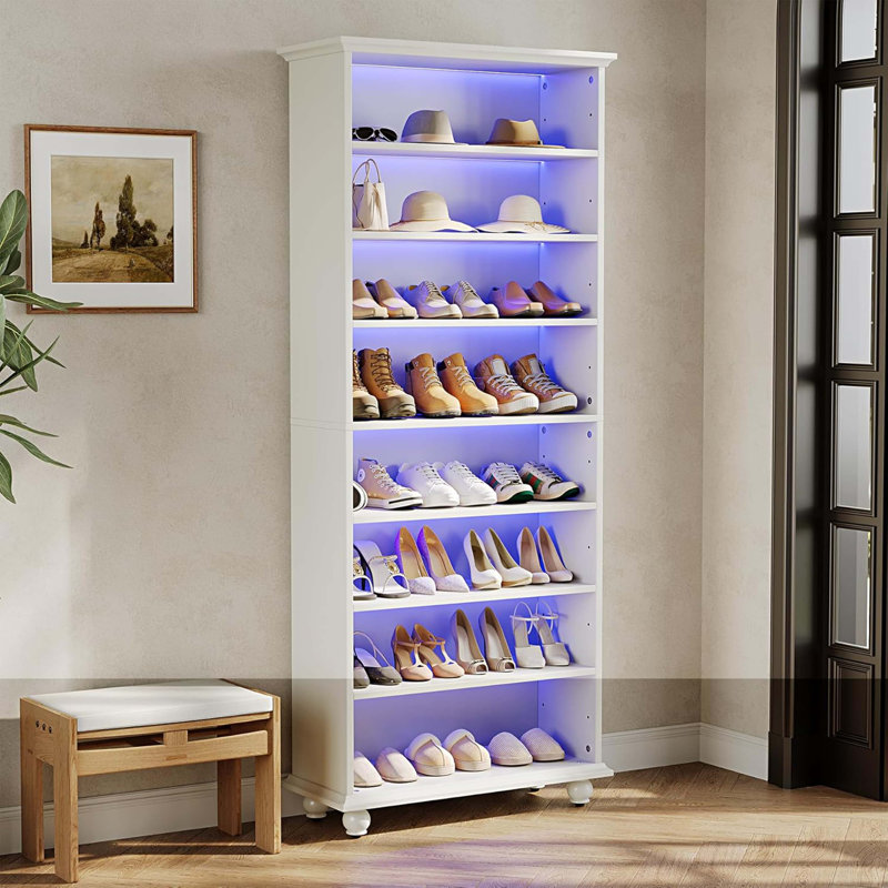 Armoire de rangement pour chaussures 28,35 po à 8 niveaux avec bande lumineuse à DEL, étagère à chaussures en bois pour 26 paires, grand range-tout ouvert de 68,9 po