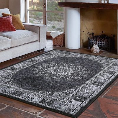 Tapis floral lavable rétro de 10 pi x 13 pi, tapis d'intérieur patiné antidérapant pour le salon, noir
