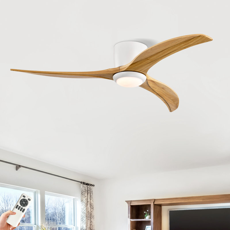 Ventilateur de plafond encastré en bois massif de 52 po à 3 pales avec lumière DEL et télécommande, Blanc, Bois naturel