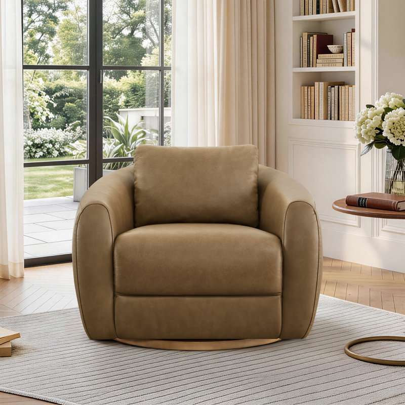 360° Swivel Accent Chair with Top-Grain Leather or Boucle Fabric and Wide Armrests, Brown