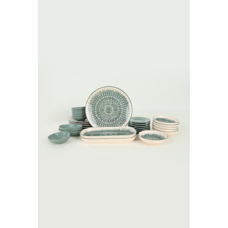Ensemble de petit déjeuner en céramique de qualité supérieure (28 pièces), antibactérien et facile à nettoyer, vert, blanc et beige | Comprend 6 assiettes plates (10,2 po), 6 soucoupes (5,1 po), 2 assiettes de présentation des aliments (10,2 po), 2 bols (5,5 po et 5,1 po), va au lave-vaisselle et au micro-ondes