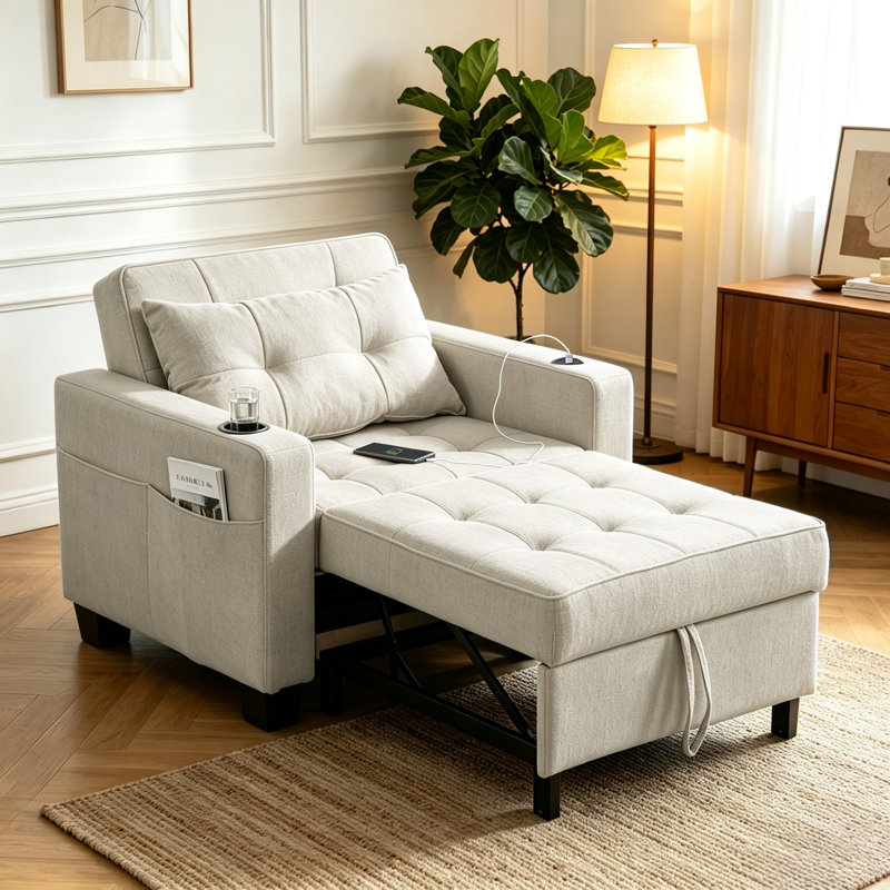Jaylon Upholstered Linen Convertible Chair, null