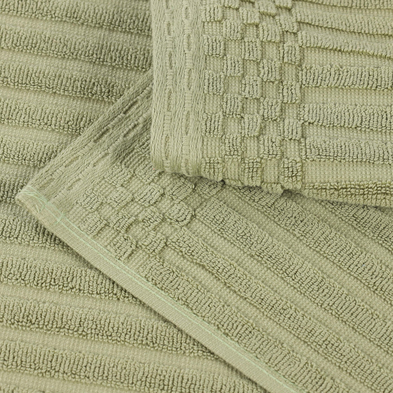 8-Piece Checkered Border Cotton Towel Set, Sage Green, 3 Piece Towel set (1-bath, 1-hand, 1-face)