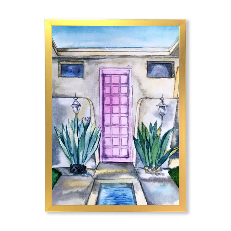 Porte rose de la maison tropicale - Peinture sur toile, H 32 po x l 16 po, Toile à cadre d'angle fermé doré