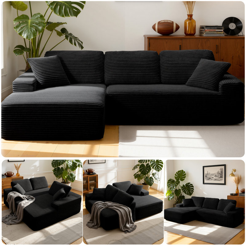 93.7'' L-Shaped Boneless Sofa, Corduroy Modular Sectional Sofa With Chaise, No Assembly Required, Black