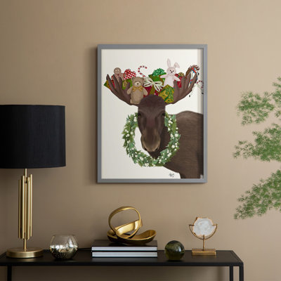 «Christmas Moose and Christmas Gift», reproduction encadrée - bois massif