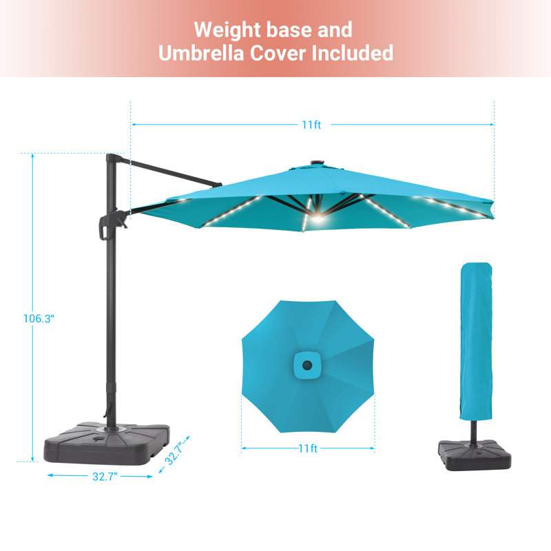 Parasol en porte-à-faux illuminé avec base Jamestown, Bleu lac