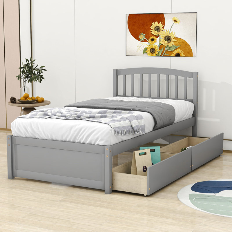 Lit plateforme simple à 2 tiroirs avec tête de lit, gris