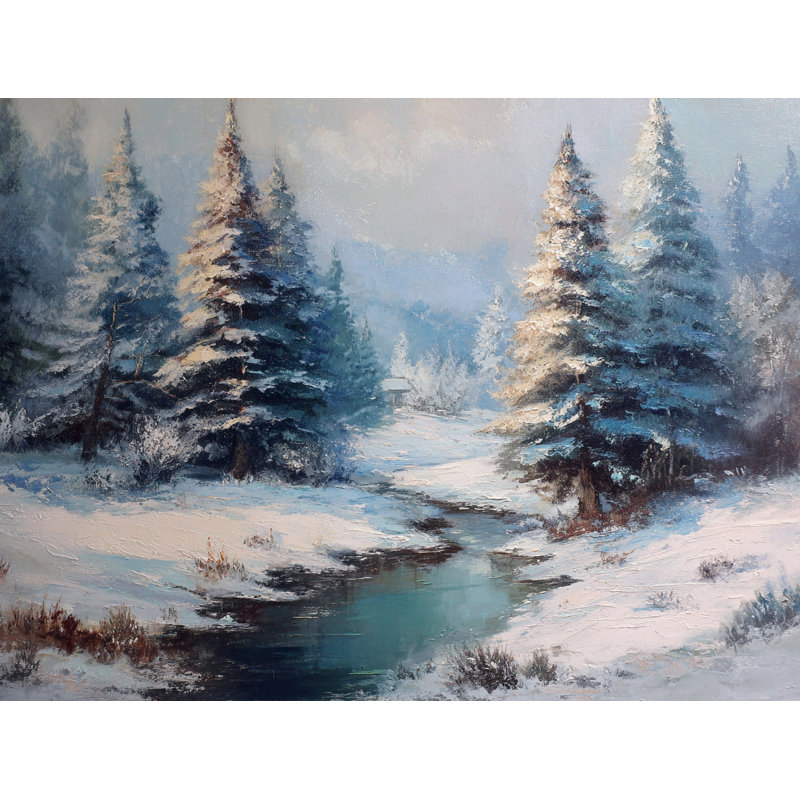«Snowy Pine Forest River Winter Landscape», art mural sur toile tendue, H 16 po x l 24 po
