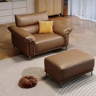 Chaise avec accoudoirs avec coussin en cuir véritable Coffee