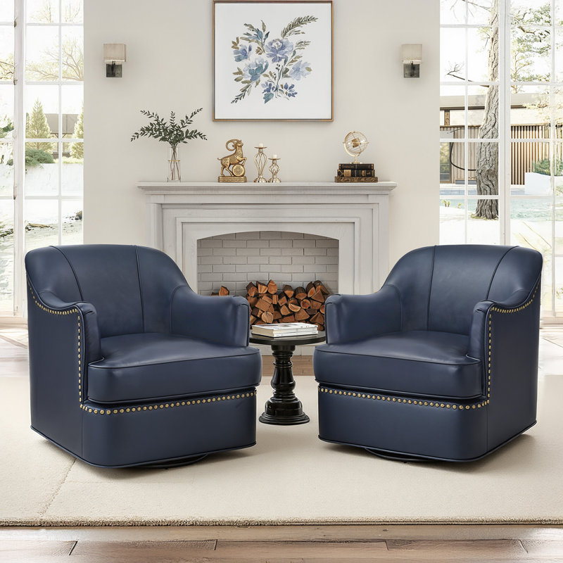 Fauteuil demi-tonneau pivotant en cuir véritable Fazio, Marine