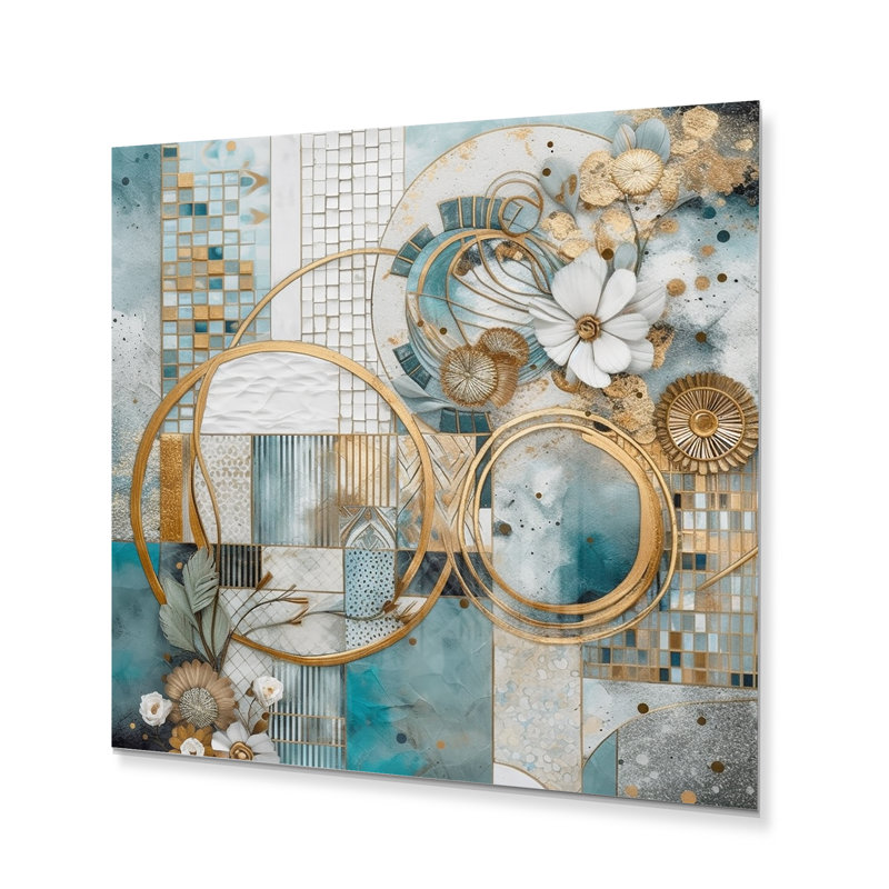 Motif floral doré bleu mosaïque II - impression sans cadre sur métal, H 23 po x l 23 po x P 1 po