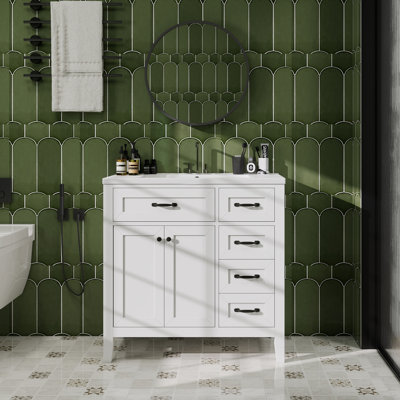 Meuble-lavabo 36 po avec lavabo, armoire de salle de bain avec tiroirs, structure solide et panneau de fibres à densité moyenne
