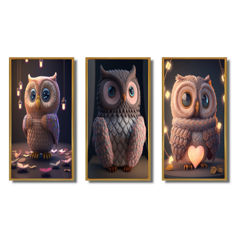 "Mignon petit cœur rose tricoté Hibou II" - 3 pièces sur toile, Encadrement doré, H 28 po x l 36 po