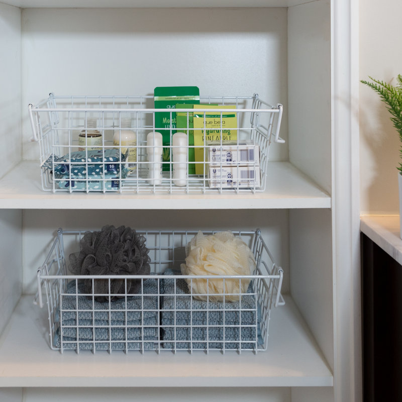 Stackable Metal Storage Baskets, White, 5.5" H x 9" W x 16" D