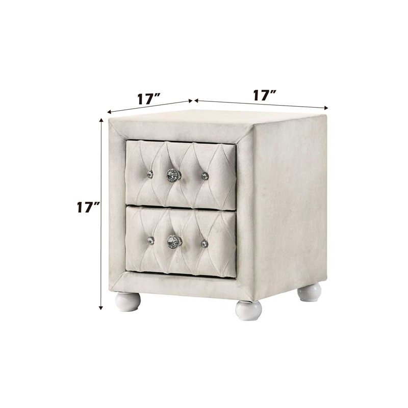 Table de chevet en tissu beige, 2 tiroirs de rangement en bois et panneaux de particules, tiroir latéral à glissières métalliques avec rallonge de 3/4, fonction butée, dimensions 43 cm, conception robuste supportant jusqu'à 36 kg, butée d'extension.