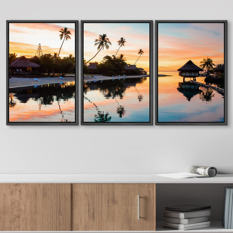 Décoration murale paysage tropical tropical Sunat Moorea, Polynésie française, H 24 po x l 48 po, Cadre flottant noir