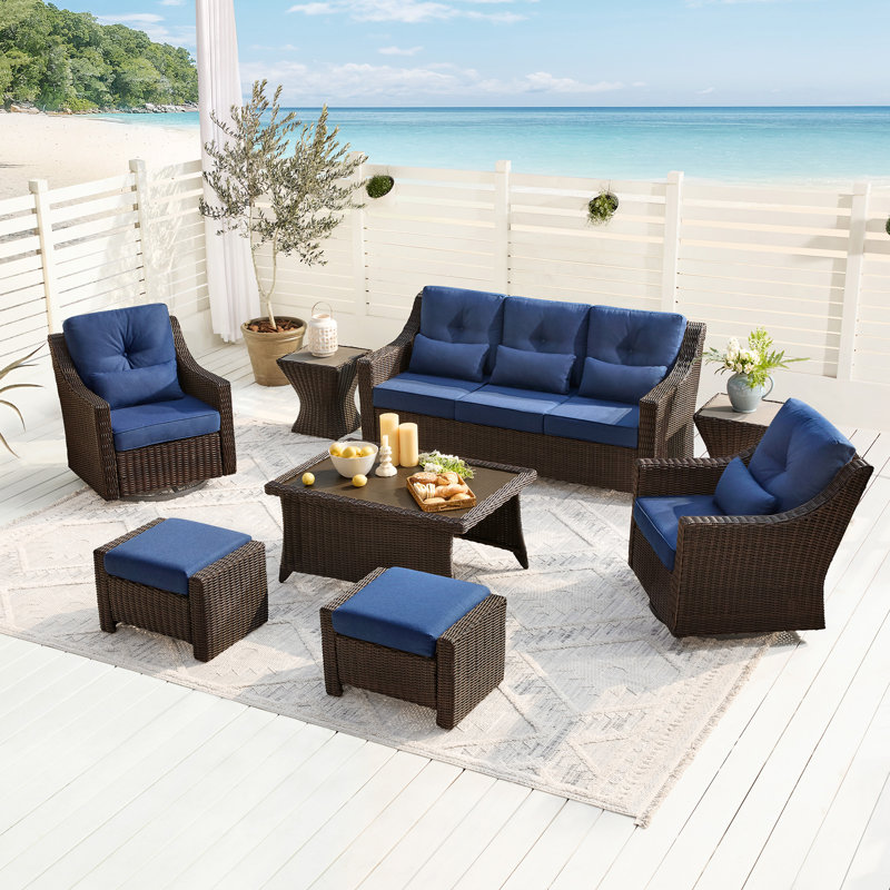 Keaisha 5 Person Outdoor Conversation Furniture Set Seating Group With Coffee Table And Cushions, Blue, Brown