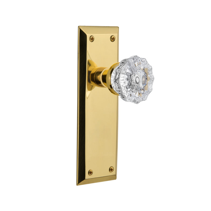 New York Plate with Crystal Door Knob, 2-3/8", Unlacquered Brass