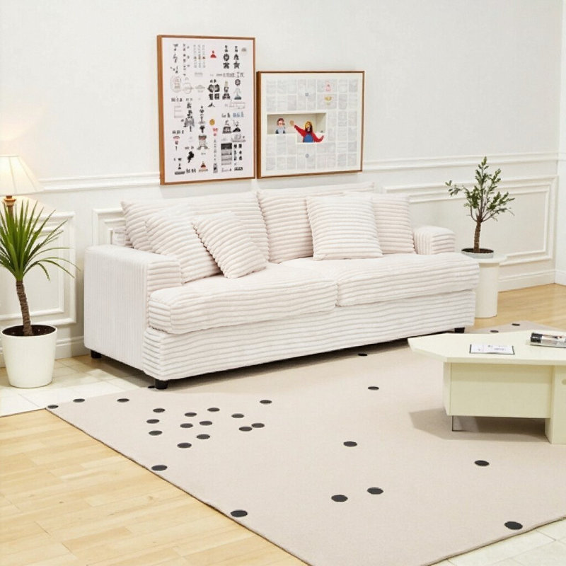 Spacieux canapé moderne en velours côtelé 3 places avec coussins décoratifs - Un confort luxueux pour tout espace, Blanc