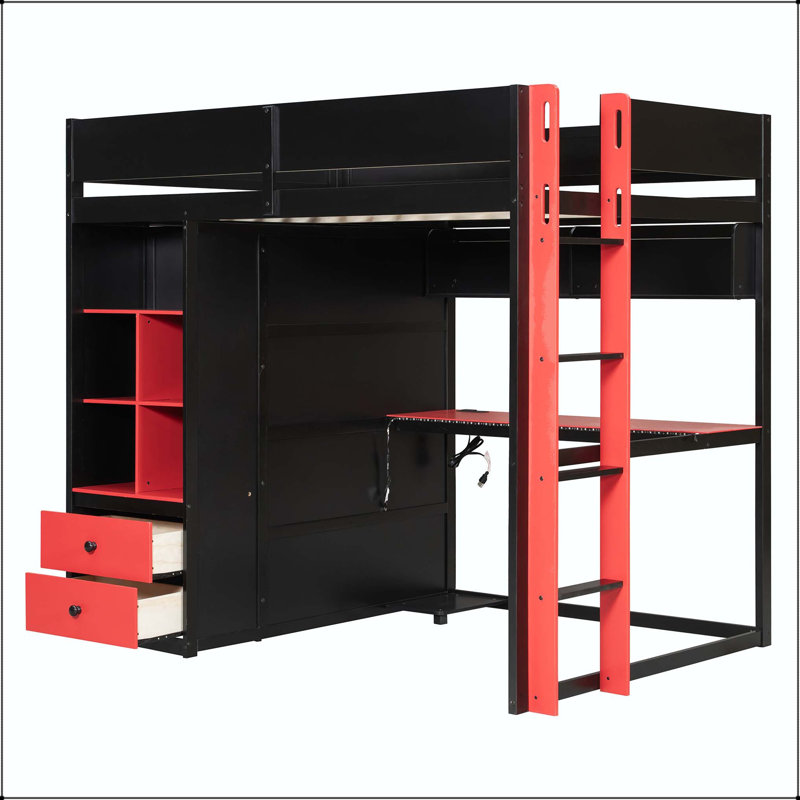Lit mezzanine double en bois avec bureau et rangement, Double, Noir et rouge
