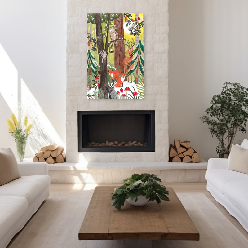 Art contemporain contemporain, oiseau, cerf, renard, forêt, paysage, H 48 po x l 32 po