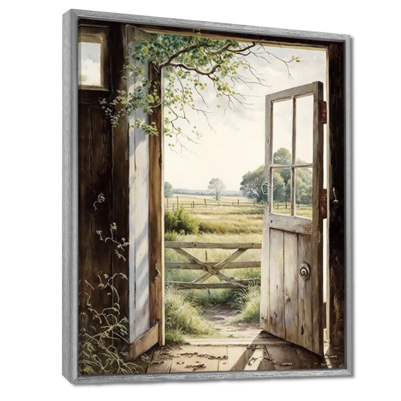 «View From A Cottage Country Door II - Farm Landscape», art mural, H 20 po x l 12 po, Encadrement argenté