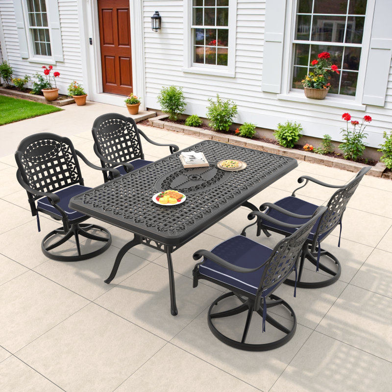 Ensemble repas d'extérieur 5 pièces rectangulaire en fonte d'aluminium avec chaises pivotantes, coussins et trou pour parasol