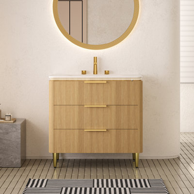 Meuble-lavabo moderne élégant en blanc de Carrare avec rangement, chêne clair