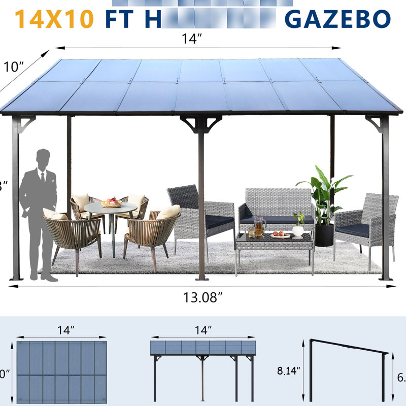 Outdoor Gazebo 10' X 14', Metal Awning Roof, Construction For Patio, Decks, Backyard, To Strong Wind And Heavy Snow 14' With Duty Awning, Stable Structure, 60lbs/m2 Load-bearing, 30-35mph Resistance,