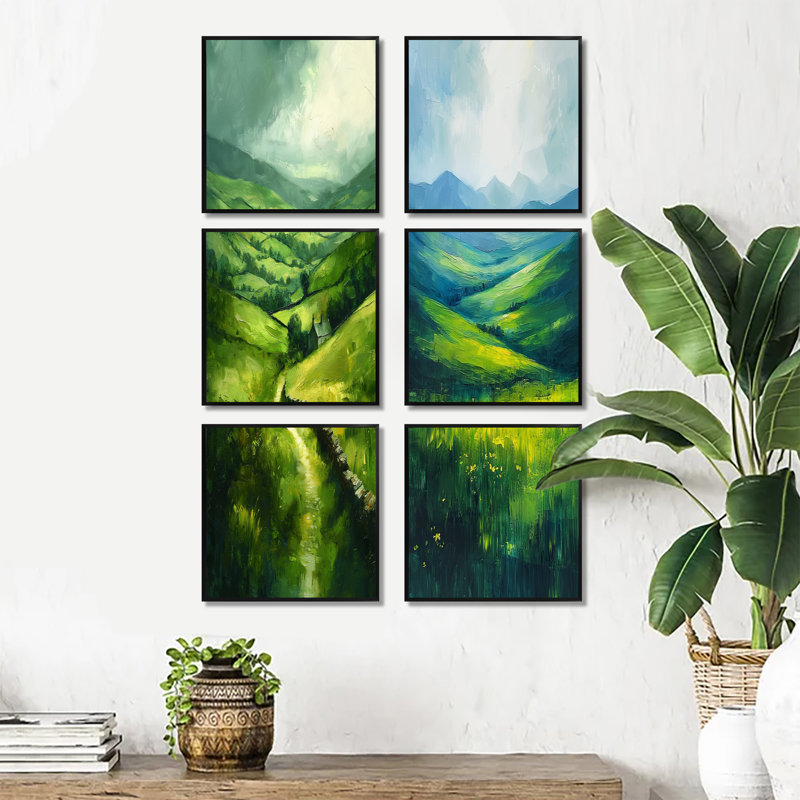 Green Emerald Hills In Ireland - Ensemble de 6 décorations murales en Irlande, Noir, Framed Print without Mat