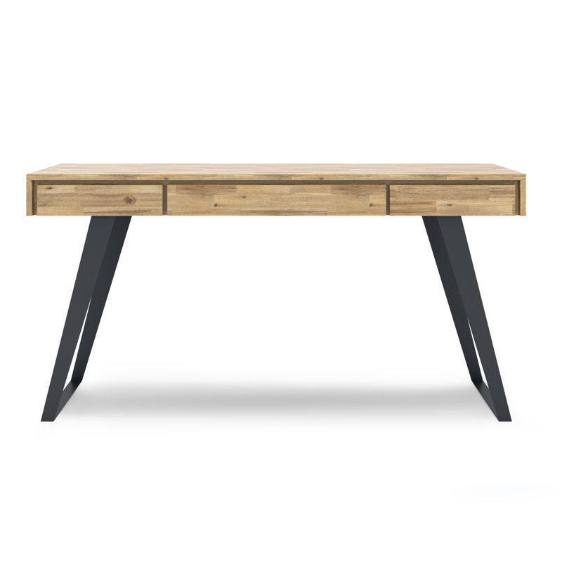 Bureau d'écriture moderne en bois d'acacia massif et en métal avec 2 tiroirs et plateau à clavier rabattable Lowry