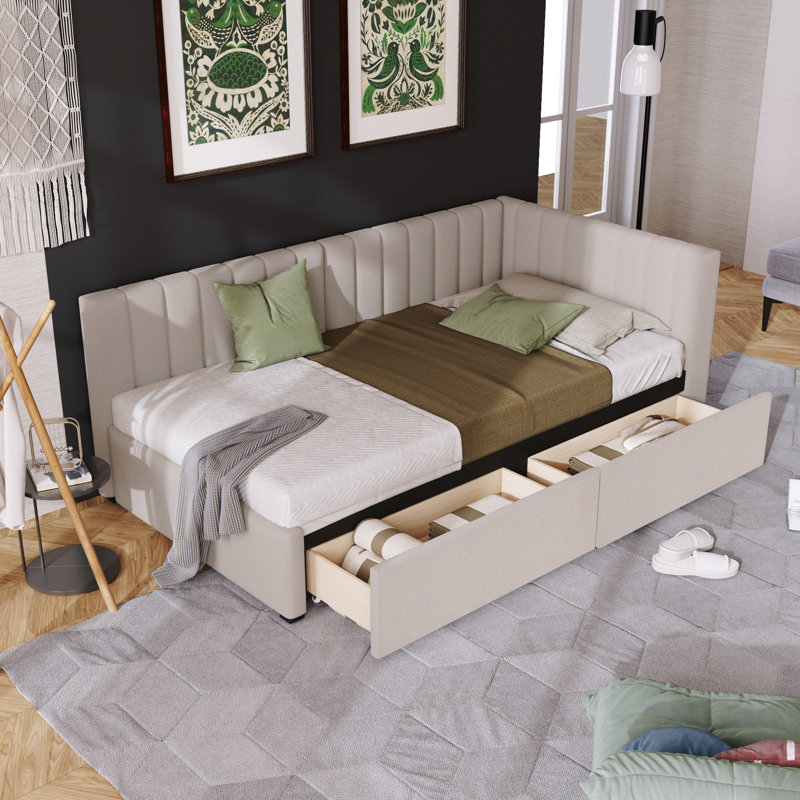 Lit de jour rembourré avec 2 tiroirs de rangement, structure de canapé-lit simple, aucun sommier nécessaire, tissu en lin