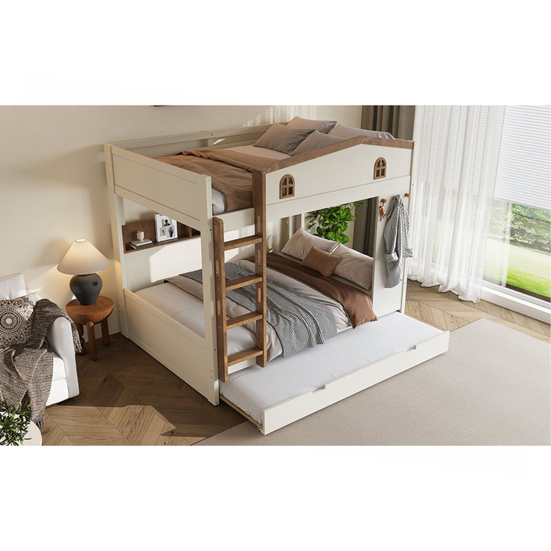 Lit superposé grand sur grand avec lit gigogne et tablettes de rangement, lits superposés en bois massif avec crochets, aucun sommier nécessaire