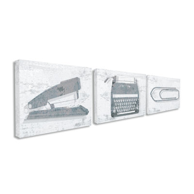 " Textured Muted Office Supplies Stapler Typewriter and Paperclip Trio " 3 Piece Art Graphic Art Print