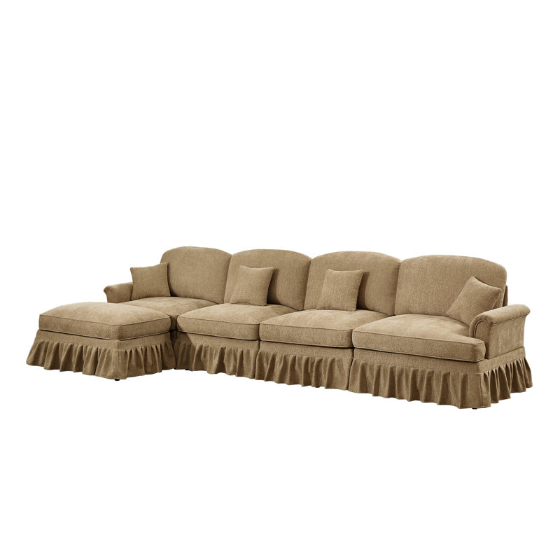 Canapé modulaire en L en chenille classique avec jupe à volants amovible, canapé modulaire à assise profonde et repose-pieds