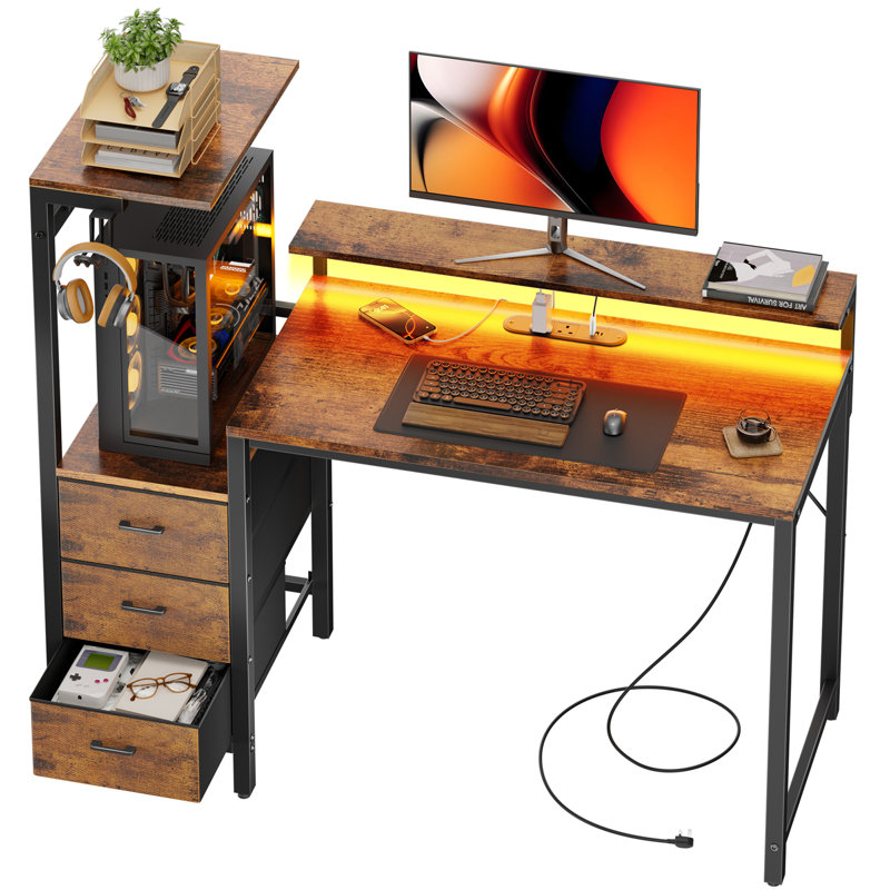 Metal Base Computer Desk with Power Outlet, 116cm. H x 112cm. W x 50cm. D, Brown/Black