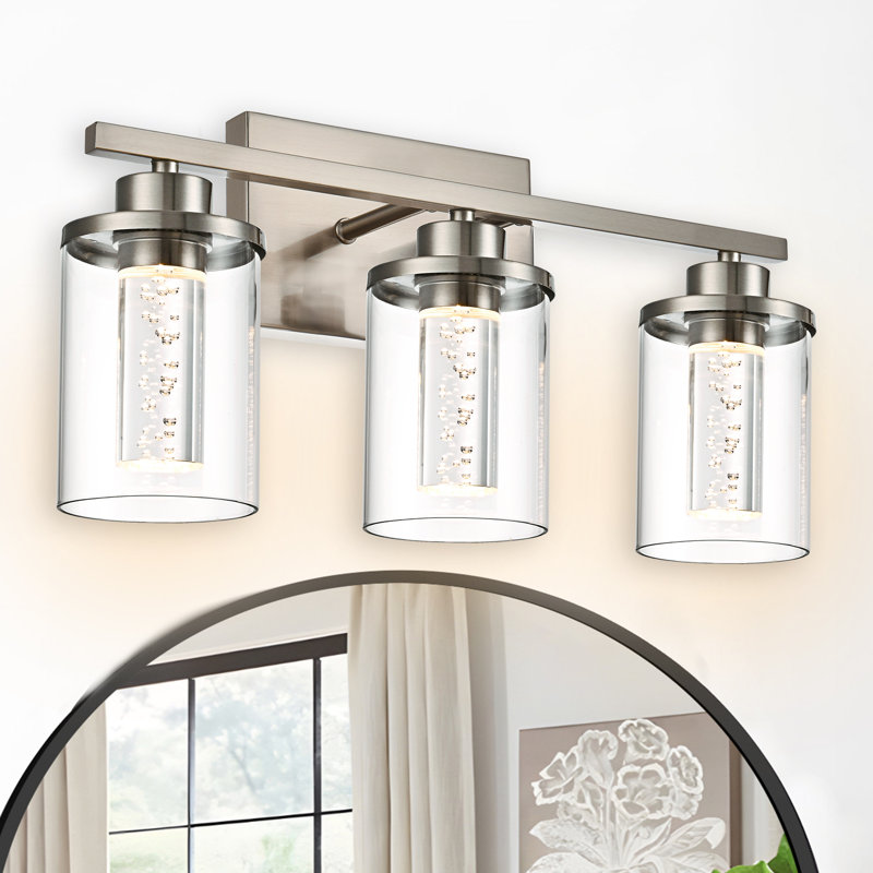 Brushed Nickel 3-Light Vanity Fixtures, Crystal Bubble Glass LED Sconces-Dimmable 5-Color (Soft White/Warm White/Natural/Day Light/Cool White) For Bathroom, Hallway, Living Room