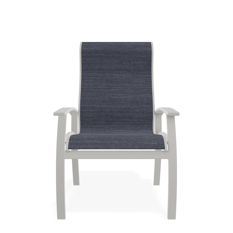 Belle Isle Sling Aluminum Frame Dining Height Supreme Arm Chair with Marine Grade Polymer Arm Accent, Augustine Denim, Snow
