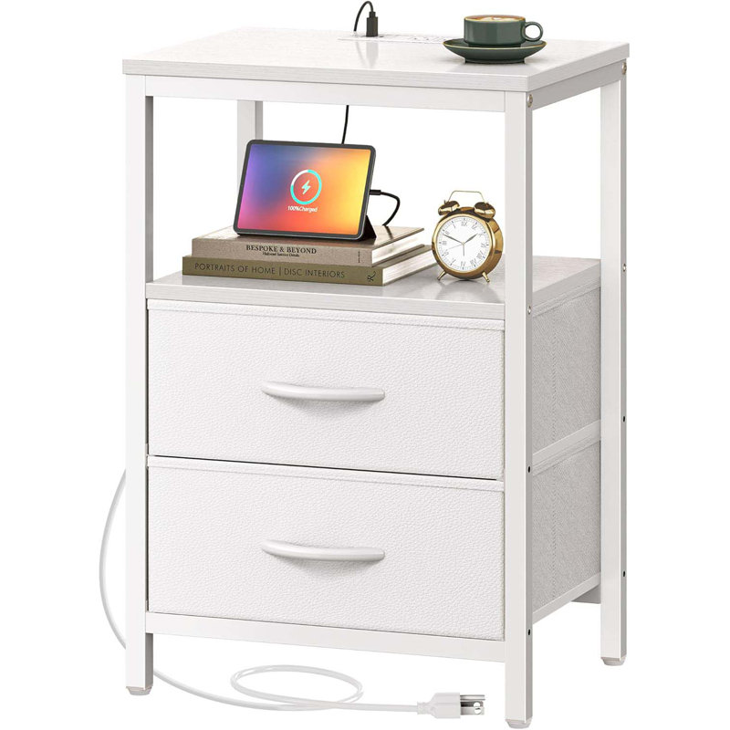 Nightstand With Charging Station, Side Table With Fabric Drawers, End Table With Open Shelf, Bedside Table With USB Ports And Outlets, Night Stand For Bedroom, White