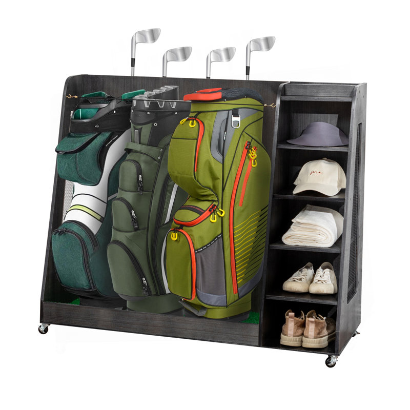 Support de rangement pour sac de golf en bois gris avec 3 tiroirs, pouvant contenir 2 sacs de support et 14+ bâtons, organisateur pour balles de golf, chaussures et accessoires, robuste pour le garage, utilisation intérieure et extérieure, assemblage f