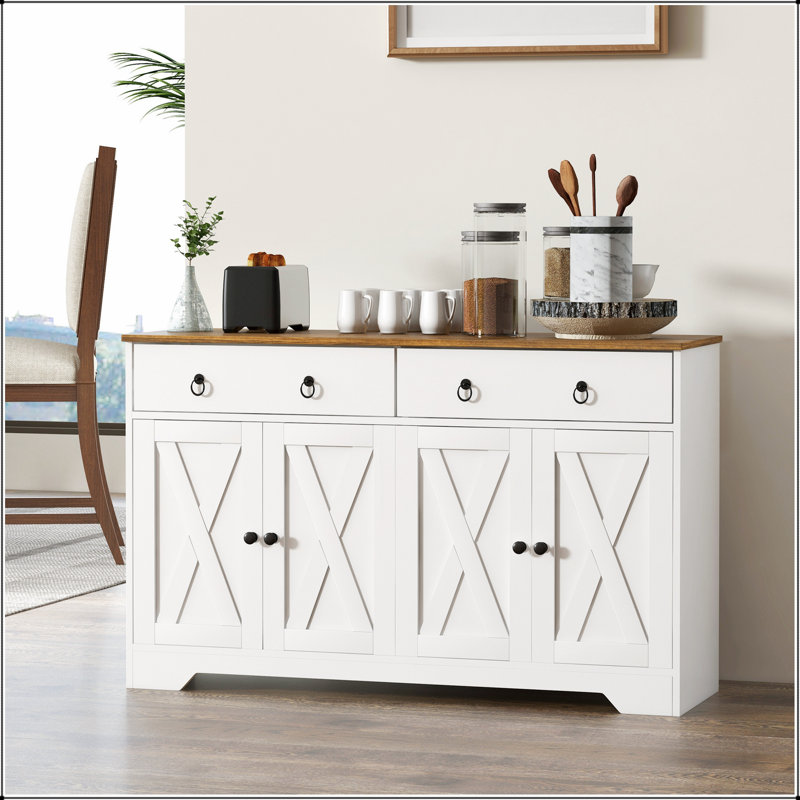 Sideboard, Buffet Cabinet with 2 Drawers, 2Storage Cabinets, 4 Barn-Style Doors