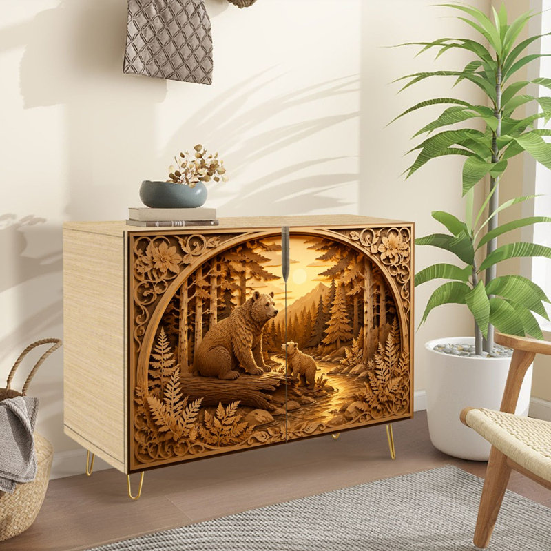 Buffet Buffet avec rangement en bois sculpté Bear Mother Cub Forest River Sunset Forest River Landscape avec 2 portes pour le salon et la cuisine