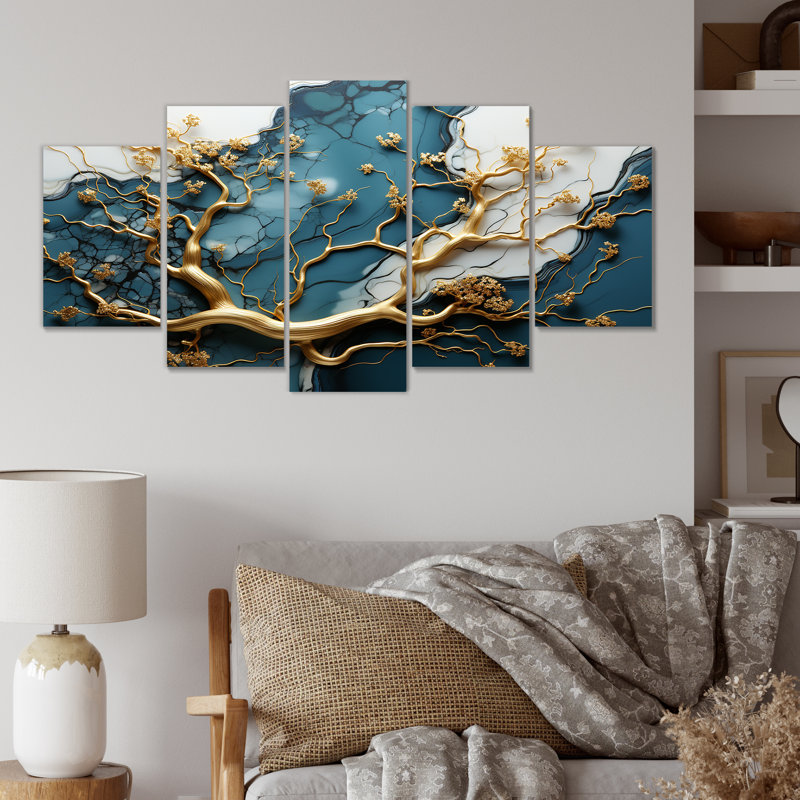 Or et émeraude antique Bonsai I - art mural multi-panneaux en marbre