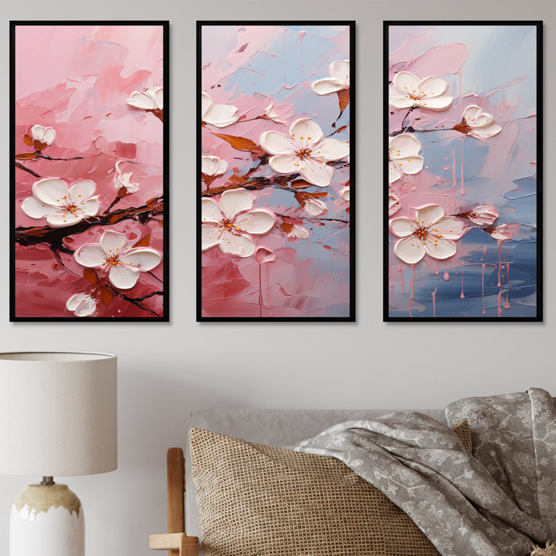 Cerisier blanc et rose Bloom III - art mural cerise, H 28 po x l 36 po x P 1 po, Cadre flottant noir