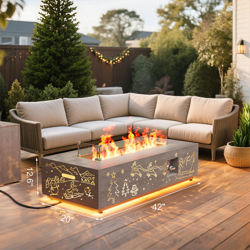 Foyer de table 42 po au propane de 50 000 BTU avec motifs de Noël évidés et lumière dorée, Brun clair