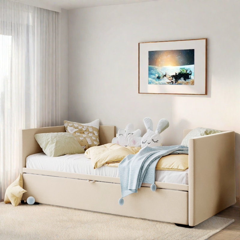 Upholstered Daybed With Pop Up Trundle, Beige