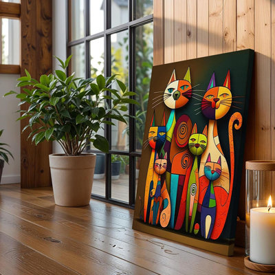 Abstrait chat sur toile, art mural coloré, peinture animalière, décoration murale, chats fantaisistes, affiche d'art populaire pour salon, chambre à coucher, appartement, dortoir, décoration d'intérieur, 16 x 24 po