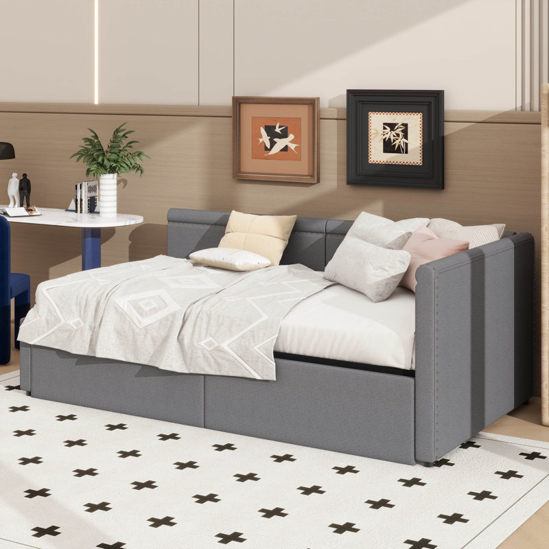 Lit de jour d'angle simple en L peu encombrant, avec tiroirs de rangement escamotables, Gris