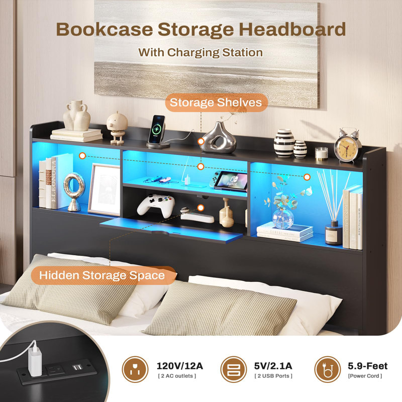 Queen Floating Bed Frame With Led Lights And Headboard Storage, Visual Floating Bed With Charging Station, Structurally Stable Queen Metal Platform Bed, Easy To Assemble